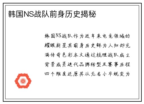 韩国NS战队前身历史揭秘