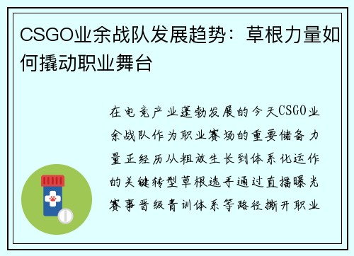 CSGO业余战队发展趋势：草根力量如何撬动职业舞台
